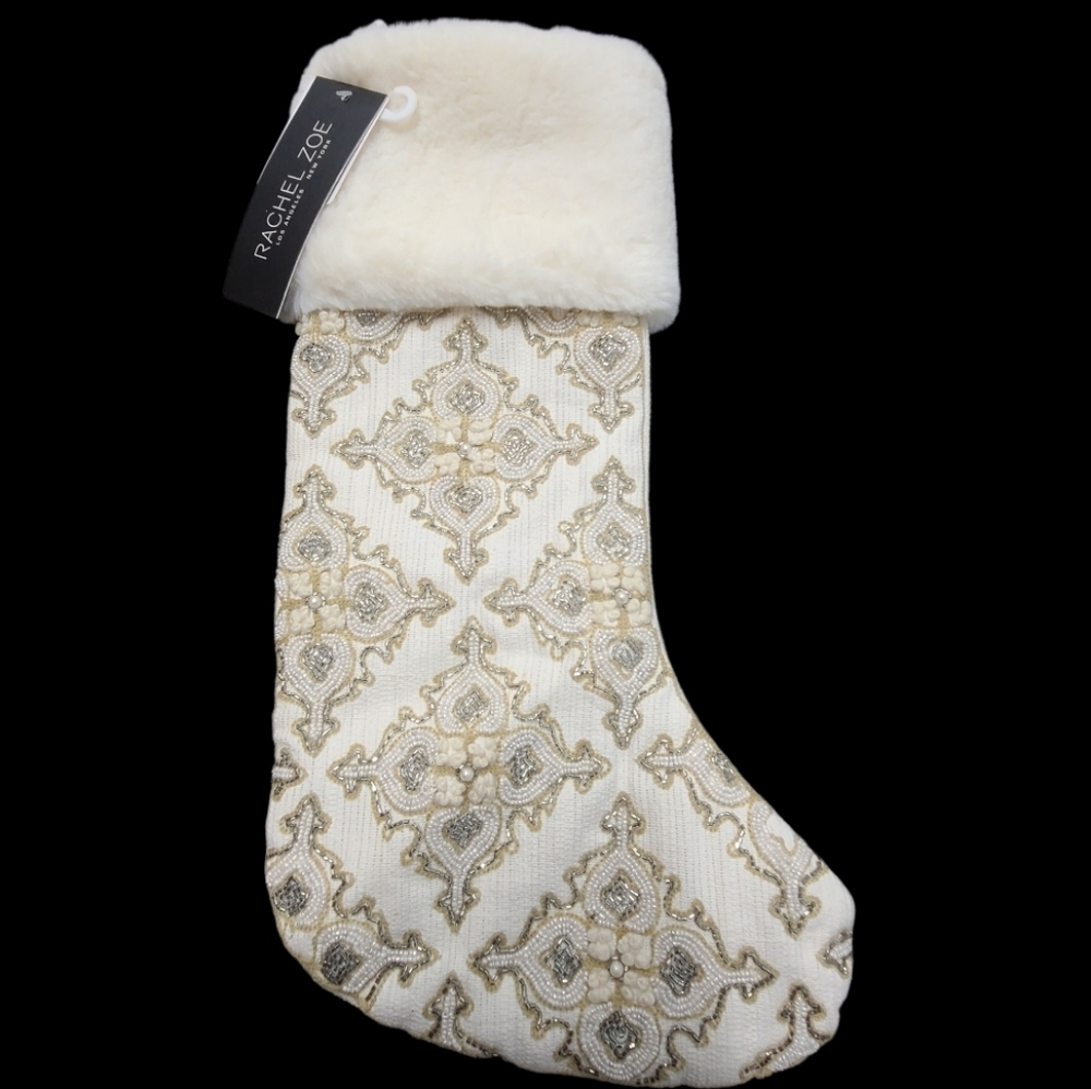 Rachel Zoe Glam Luxury Beaded Faux Fur Christmas Stocking NEW